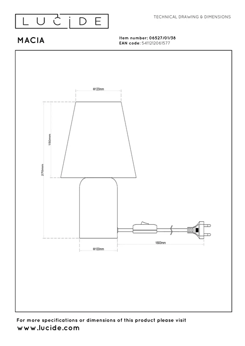 Lucide MACIA - Table lamp - 1xE14 - Cream - technical